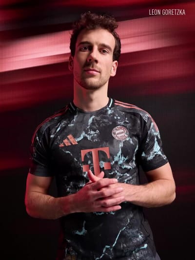 Visual composition of male and female players wearing the new FC Bayern 24/25 away kit
