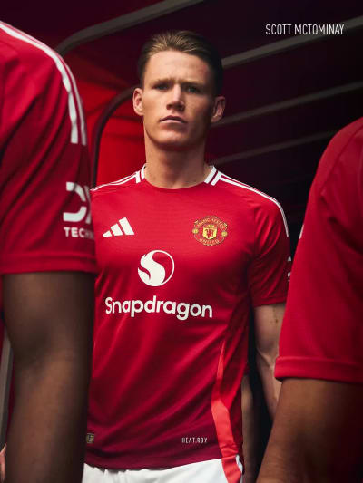 Visual composition of male and female players wearing the new Manchester United 24/25 home kit